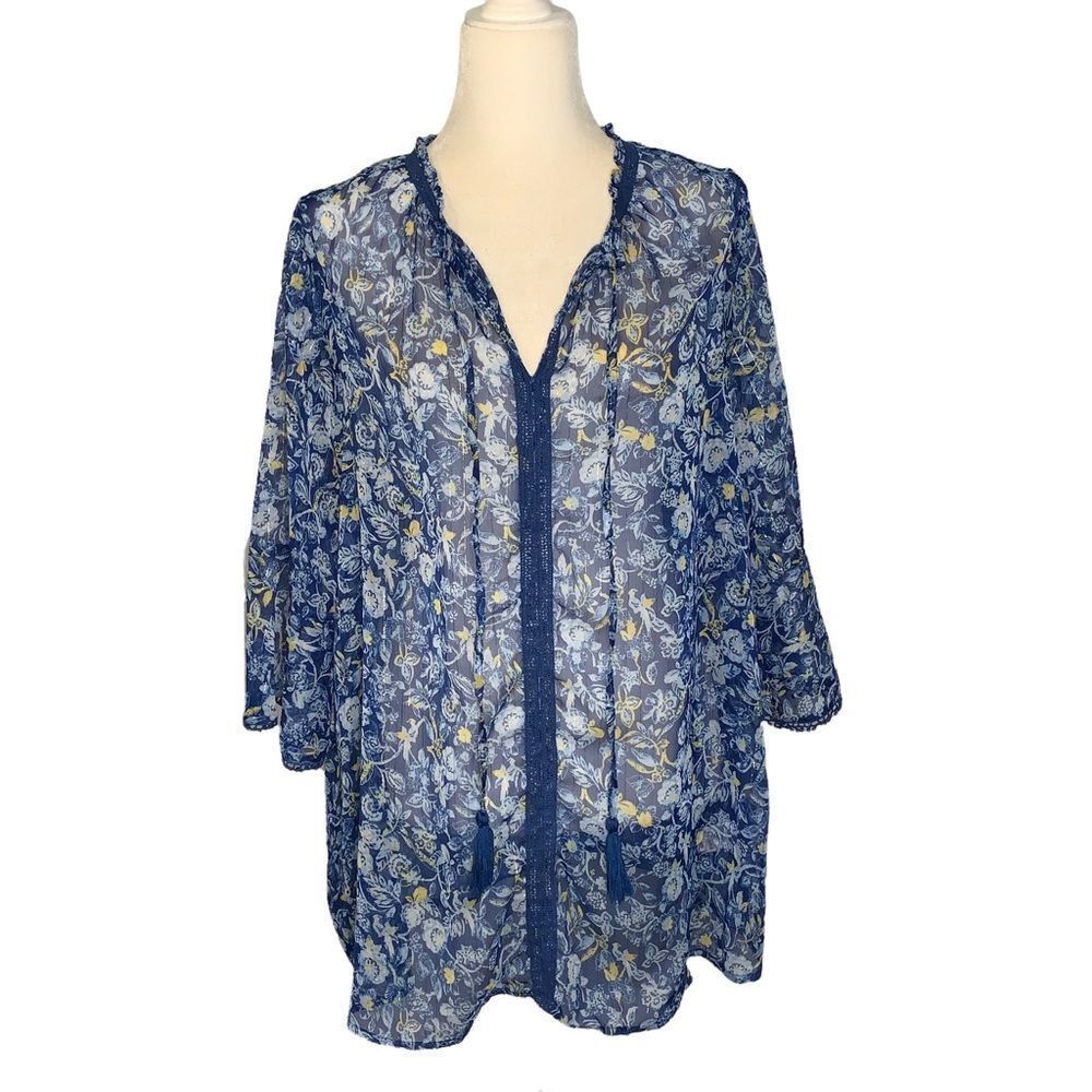 Maggie London Blue Floral Sheer 1/2 Sleeve V-Neck Tunic Top Size 16W